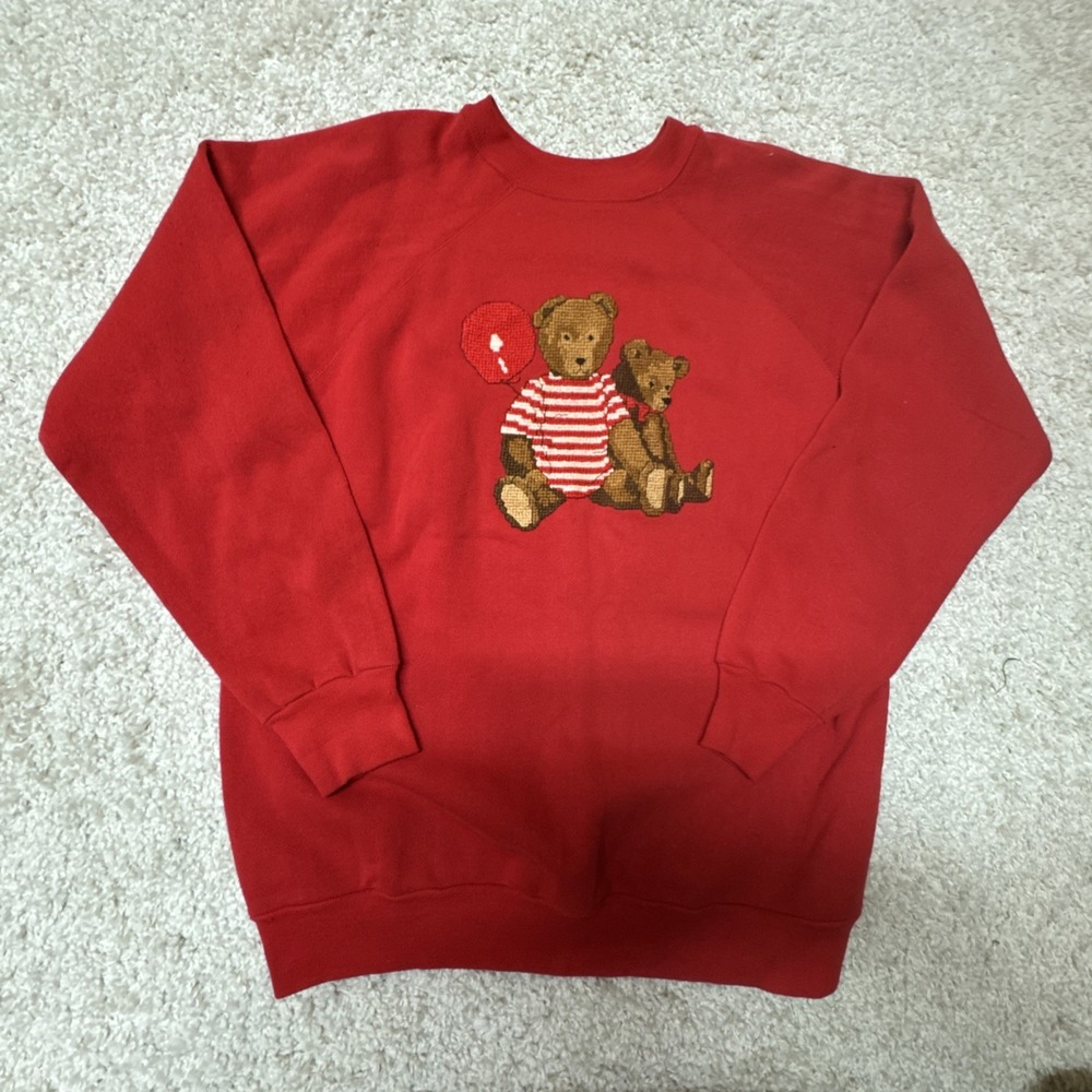 Vintage 80s Pannill Mens XXL Red Sweatshirt Bear Embroidered Grandpa Grandma